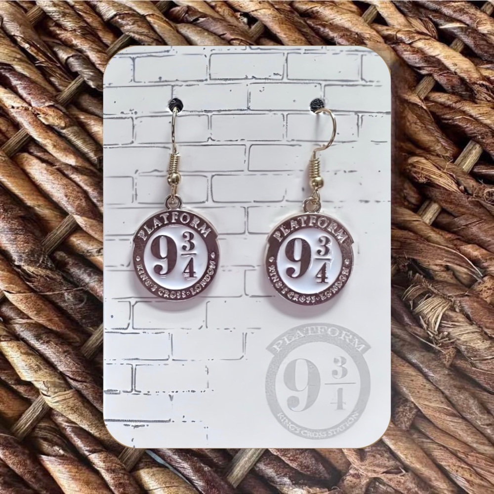 New Handmade Gold-Tone and White "Platform 9 3/4" (Harry Potter) Dangle Earrings